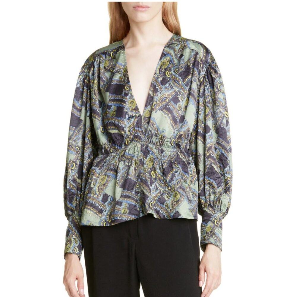 Ganni Mosaic Print Long Sleeve Deep V-Neck Blouse